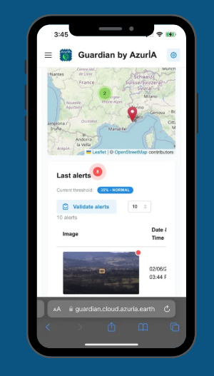 Interface client Guardian by AzurİA affichant une carte de localisation, des alertes en temps réel et la visualisation des événements détectés par un système d’IA embarquée.