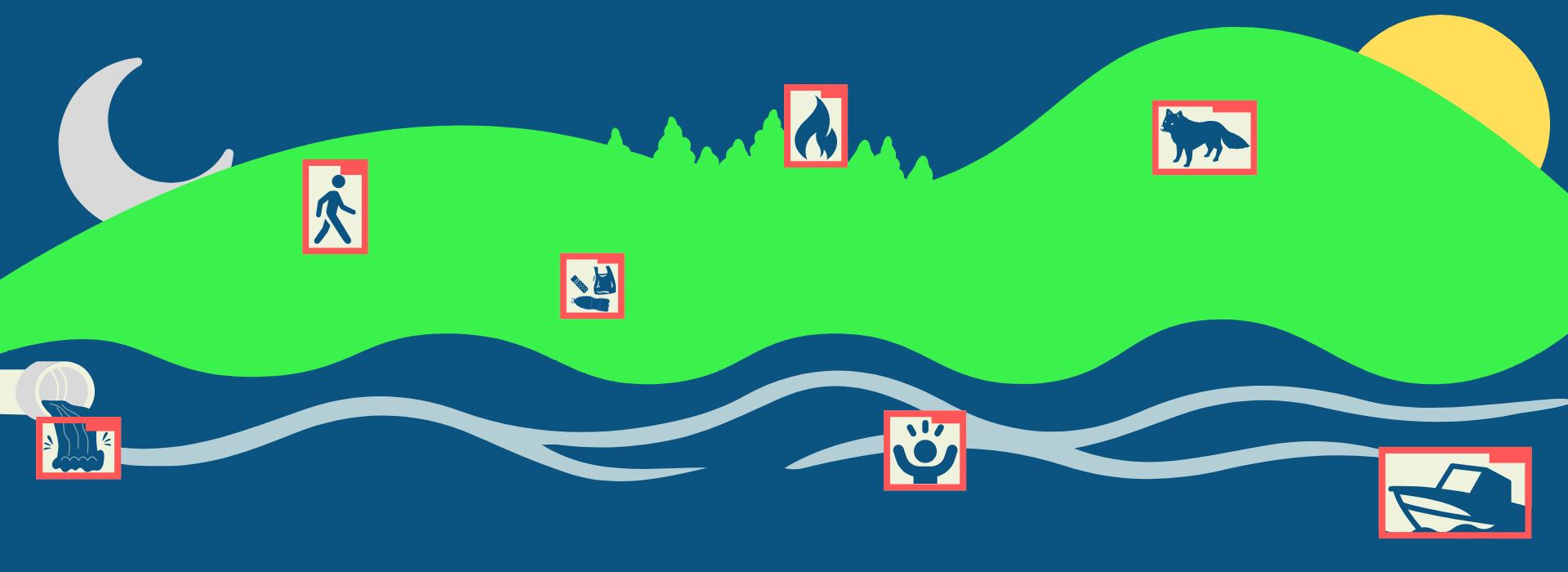 Illustration des cas d’usage de l’IA AzurİA pour la surveillance environnementale : détection de feux de forêt, surveillance de la faune, sécurité des personnes, détection d’inondations et surveillance maritime.